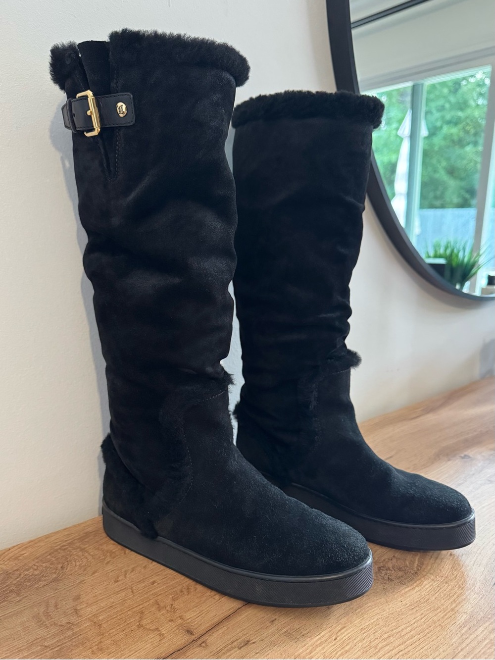 Louis Vuitton Shearling Knee High Boots Black Fur Trim Size 35.5 Authentic